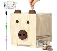 GoaePode Kit de hucha de madera, bonito kit de hucha con 3 calcomanías del alfabeto, 3 marcadores de pizarra blanca, banco de monedas irrompible, tarro de ahorro de dinero para niños y niñas