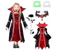 Gobesty Disfraz de Vampiro Niña, Disfraz de Halloween de Vampiro para Niña, Disfrazs de Reina Vampiresa con Collar Dientes Rosa, Disfrazs de Bruja Reina Vampiresa para Halloween Carnaval Cosplay