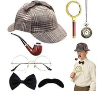 Gobesty - Juego de accesorios para disfraz de detective, 7 piezas, accesorios de cosplay de detective para niños y adultos, accesorios de traje Sherlock Holmes con sombrero de detective, gafas