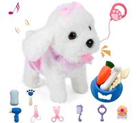 GOBRILLFUN Interactive Plush Puppy Toy with Remote Control - Electronic Stuffed Animal Dog can Walks, Barks & Wags Tail, 10 Pcs Pet Care Playset, Realistic and Fun for 3-6-Year-Old Kids (White)