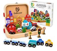 GoBruver Juguete Montessori de Madera 57 Piezas para Niños 3 4 5 6 Años - Bloques de Construcción Ciudad con Tren, Coches, Edificios y Señales de Tráfico - Juego Educativo con Maletín