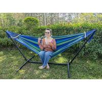 GOCAN Hamaca grande doble de lona de algodón para 2 personas, 220 x 150 cm, soporte de acero y barra separadora extraíble, carga 227 kg, para patio trasero, porche, jardín, exterior e interior, azul