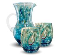 Gocce di Murano Jarra Buvette de 750 ml + 2 vasos de cristal fabricado en Italia de vidrio soplado. Trabajados según la tradición de los artesanos de Murano, jarra de mesa elegante (aguamarina)