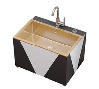 GOCHUSX Fregadero De Acero Inoxidable para Trapeador De Pisos, Lavabo Comercial Portátil para Trapeador De Pisos con Grifo, Armario De Pie para Trapeador Y Escoba(Gold,60x53x40cm)