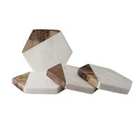 GoCraft Posavasos de mármol y madera de mango, juego de 4 posavasos geométricos hechos a mano de mármol blanco para bebidas, copas de vino, bebidas, cócteles y cristalería de bar, elegante decoración