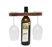 GoCraft Soporte para botellas de vino y copas de madera antigua hecho a mano, soporte rústico para encimera para 1 botella y 2 vasos, organizador de vino vintage para decoración del hogar, bar, cocina