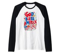 God Bless America Patriotic USA Flag Christian 4 of July Camiseta Manga Raglan