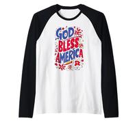 God Bless America Patriotic USA Flag Christian 4 of July Camiseta Manga Raglan
