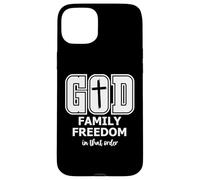 God Family Country In That Order Freedom Its All About Jesus Carcasa para iPhone 15 Plus