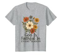 God Is Faithful In Every Season Versículo bíblico Floral Cristiano Camiseta, Niños, Gris Jaspeado, 10 años