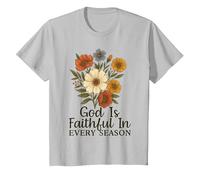God Is Faithful In Every Season Versículo bíblico Floral Cristiano Camiseta, Niños, Plata, 6 años