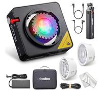 Godox ML100R Kit3 - Luz de vídeo LED RGB con toma de batería BG-02, reflector intercambiable de 15° y 36°, 1800-10000K CCT, 14 efectos FX cinematográficos, control por aplicación