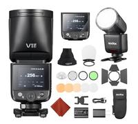 Godox V1 Mid F para Fuji V1 Mid-F Flash Cámara con AK-R1 Kit de Accesorios 55Ws Speedlite Cabeza Redonda TTL Mini Flash con Zapata Caliente,2,4G HSS 1/8000s,Pantalla Táctil,USB-C,Compatible XT-5 X-E1