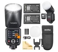 Godox V100-F V100 F Round Head Flash de Cámara Camera Flash con 2 Baterías Godox VB30 2.4G Wireless TTL Speedlight Strobe,100Ws HSS 1/8000s with Li-Ion Battery for Fuji Cameras