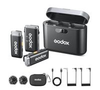 Godox WEC Kit2 Micrófono Lavalier inalámbrico con dos micrófonos/funda de carga para cámara, reducción de ruido, alcance de 200 m, 48 kHz/16 bits, para grabación de audio