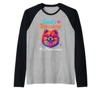 God'S Blessing Pomeranian Dog Faith Fun Colorful Dots Design Camiseta Manga Raglan