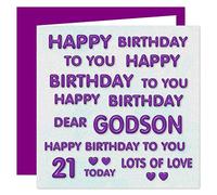Godson 21st Happy Birthday To You Dear Godson - Tarjeta de felicitación de 21 cumpleaños con texto en inglés "Happy Birthday to You Dear Godson", diseño de color morado