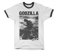 Godzilla Licenciado Oficialmente Vintage Ringer tee Ringer Hombres Camiseta (Blanco-Negro), Medium