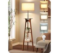GOEBLESON Lámpara de Pie con 3 Estantes, 3 Temperaturas de Color | Bombilla E27 de Temperatura de Color Triple (2700K / 4000K / 5000K), para Dormitorio, Salón, Estudio, Beige y Nogal Oscuro