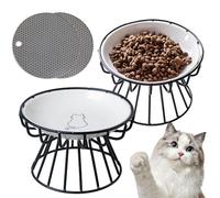 GOEDCH 2 cuencos de cerámica para gatos elevados: 15 cm de ancho, comedero para gatos con soporte de metal y posavasos de silicona, comedero elevado, comedero para gatos y agua