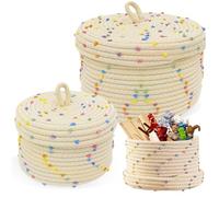 GOEDCH 2 Piezas Cesta de Cuerda de Algodón: Cestas Almacenaje Tejidas con Tapa, Cesta de Almacenamiento Apilable para Mesa Casera Decorativa, Organizar Juguetes, Crema con Detalles de Color