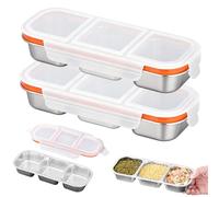 GOEDCH - Caja de aperitivos de acero inoxidable: 2 recipientes de acero inoxidable con 3 compartimentos y tapa de plástico, reutilizable, 3