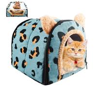 GOEDCH Cálida cueva para animales pequeños: cueva para cobayas en leopardo azul, Guinea Pig Bed, Rabbit Cave para invierno, Pigs, Ferrets, Hedgehog - Cueva de peluche 26 x 26 x 26 cm, color azul