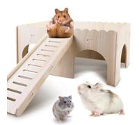 GOEDCH Casa grande para cobayas con rampa 4 entradas: casa de hámster de madera, accesorios para chinchilla, hámster, conejo, hurón, conejo, extraíble 34 x 24 x 18 cm