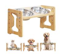 GOEDCH Comedero de madera antideslizante para perros con altura ajustable: 9 alturas ajustables con soporte, Comedero elevado para perros con estructura, Comederos elevados ajustables con 2 cuencos de
