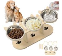 GOEDCH - Comedero para gatos elevado: 3 cuencos de acero inoxidable, soporte de madera ajustable en altura, diseño ergonómico y antivómito