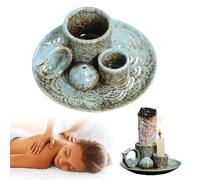 GOEDCH Cuenco de cerámica para incienso: soporte para salvia verde azulado, plato para ahumar, cuenco para ahumar, cuenco para incienso, accesorio de meditación, soporte con placa colectora de cenizas