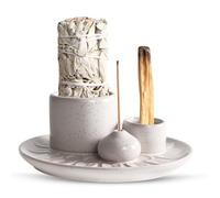 GOEDCH Cuenco de incienso de cerámica: soporte para salvia blanca, plato para ahumar, cuenco para ahumar, cuenco para incienso, accesorio de meditación, soporte con placa recolectora de cenizas para