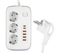 GOEDCH Enchufe múltiple con USB C: enchufe de distribución de 3 enchufes con 2 USB C, adaptador de enchufe de 2 m con interruptor, regleta con 4 USB para oficina, viaje, cocina (PD 20 W)