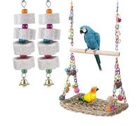 GOEDCH Hamaca de pie juguete para masticar: columpio para pájaros con barra de madera y cuerda para lijar la boca, columpio para pájaros de madera con percha para cacatúas, pinzones, periquitos