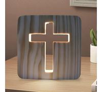 GOEDCH Jesús Cruz Luz Nocturna: 3D Tallado en Madera Lámpara de Noche LED Luz Cálida Pequeña Lámpara de Mesa para Habitaciones, 3D Jesús Cruz Religiosa Mini Luz Nocturna, Regalos de Pascua