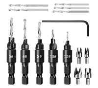 GOEDCH Juego de 15 brocas avellanadas para carpintería con broca de madera y tope de profundidad: 4 brocas de espiga, 5 brocas de repuesto, llave Allen, 5 brocas avellanadas, profundidad de corte