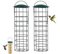 GOEDCH - Juego de 2 comederos de sebo de metal con techo, comedero para pájaros colgantes redondos de 8 cm, mango para pájaros silvestres, balcón de jardín para tetas