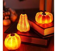 GOEDCH Juego de 3 farolillos LED de calabaza para otoño, decoración de otoño, con LED, cálida lámpara de calabaza para decoración de mesa de Halloween, bombas luminosas para Acción de Gracias, Navidad