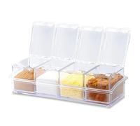 GOEDCH Juego de 4 Caja de Condimento: 2 Juegos con Cajas de Especias 4 en 1, Frascos de Especias Cuadrados con Cucharas, Botes de Especias de Plástico Transparente para Sal Pimienta, Cocina Contenedor