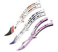 GOEDCH Juego de cuchillos de entrenamiento de mariposa de acero inoxidable de 3 piezas cuchillos de entrenamiento de mariposa con hojas desafiladas seguras, cuchillos balisong legales - mango curvo p