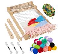 GOEDCH Juego de marcos de madera: 29 x 19 cm para niños, 12 colores, para principiantes y niños, incluye 12 colores de lana, hilo de urdimbre, accesorios de madera, para tejer y diseñar
