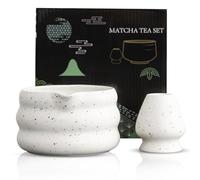 GOEDCH Juego de té matcha de piedra arenisca blanca: cuencos de matcha hechos a mano, cuenco de matcha con caño, batidor de matcha, juego de té premium para ceremonia de té japonesa, juego de té