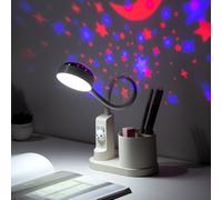 GOEDCH Lámpara de escritorio para niños: lámpara de mesa LED, lámpara de estudio con portalápices de proyección de estrella, lámpara de lectura regulable con proyección y soporte para lápiz para