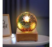 GOEDCH Luz nocturna de bola de cristal 3D: Luz nocturna de bola de cristal de fuegos artificiales de 9 cm con base de madera USB, regalo de cumpleaños