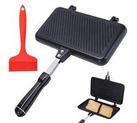 GOEDCH Molde de sándwich de doble cara: 37 x 25 x 4,4 cm, sartén de doble cara con pincel de aceite, sartén antiadherente de aluminio con asa, bandeja para sándwich para el hogar y el exterior