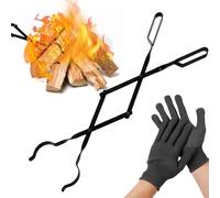 GOEDCH Pinzas Largas para Leña de Chimenea: Resistentes Pinzas de Hierro Fundido, Incluye Guantes de Nailon Antideslizantes, 26 x 2,5 x 2,5 Pulgadas, Negro