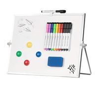 GOEDCH Pizarra blanca magnética: 30 x 40 cm, pequeña pizarra magnética de doble cara con soporte, se puede limpiar con 10 bolígrafos, 4 imanes, esponja, portátil para el hogar, escuela, oficina