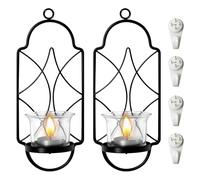 GOEDCH Portavelas de pared de metal: 2 piezas de candelabro de pared negro, decoración colgante con gancho adhesivo para sala de estar y dormitorio (negro)