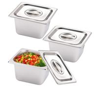 GOEDCH Recipientes de acero inoxidable con tapa: 3 unidades 1/6, tamaño 17,5 x 16,5 x 10 cm, juego de empanado para chuletas, recipientes de gastro, recipiente para calentar alimentos, camino de