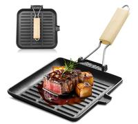 GOEDCH Sartén para Parrilla: 24 x 24 cm Negro Sartén para Carne Hierro Fundido, sartén Antiadherente con Mango de Madera Plegable, Cuadrada para Carne con Pico Vertedor para Todo Tipo de Fuegos
